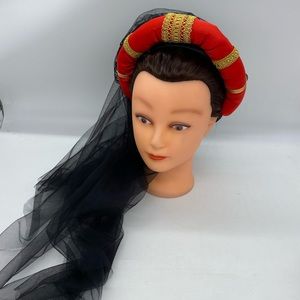 Red & Gold Medieval Balzo Headdress with veil